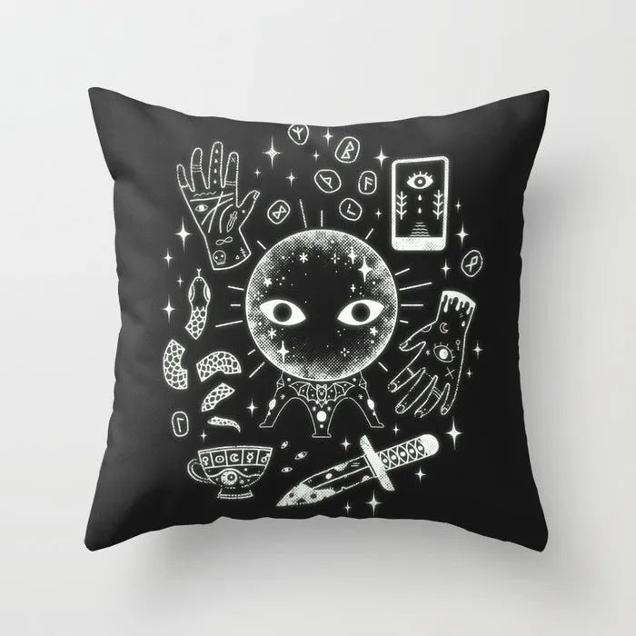 Halloween-themed cartoon print cushion cover on a sofa, 45x45 cm size.