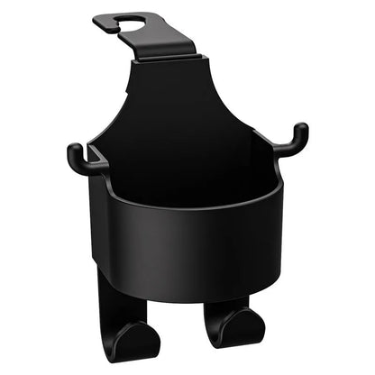 Black plastic car seat back organiser with cup holder and hook functionality
