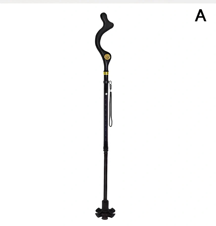Telescopic folding walking stick with ergonomic handle and six rubber tips for stability