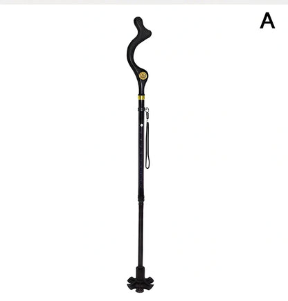 Telescopic folding walking stick with ergonomic handle and six rubber tips for stability