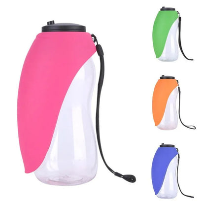 Blue portable pet water bottle with drinking bowl for dogs, showing 680ml capacity and hanging attachment