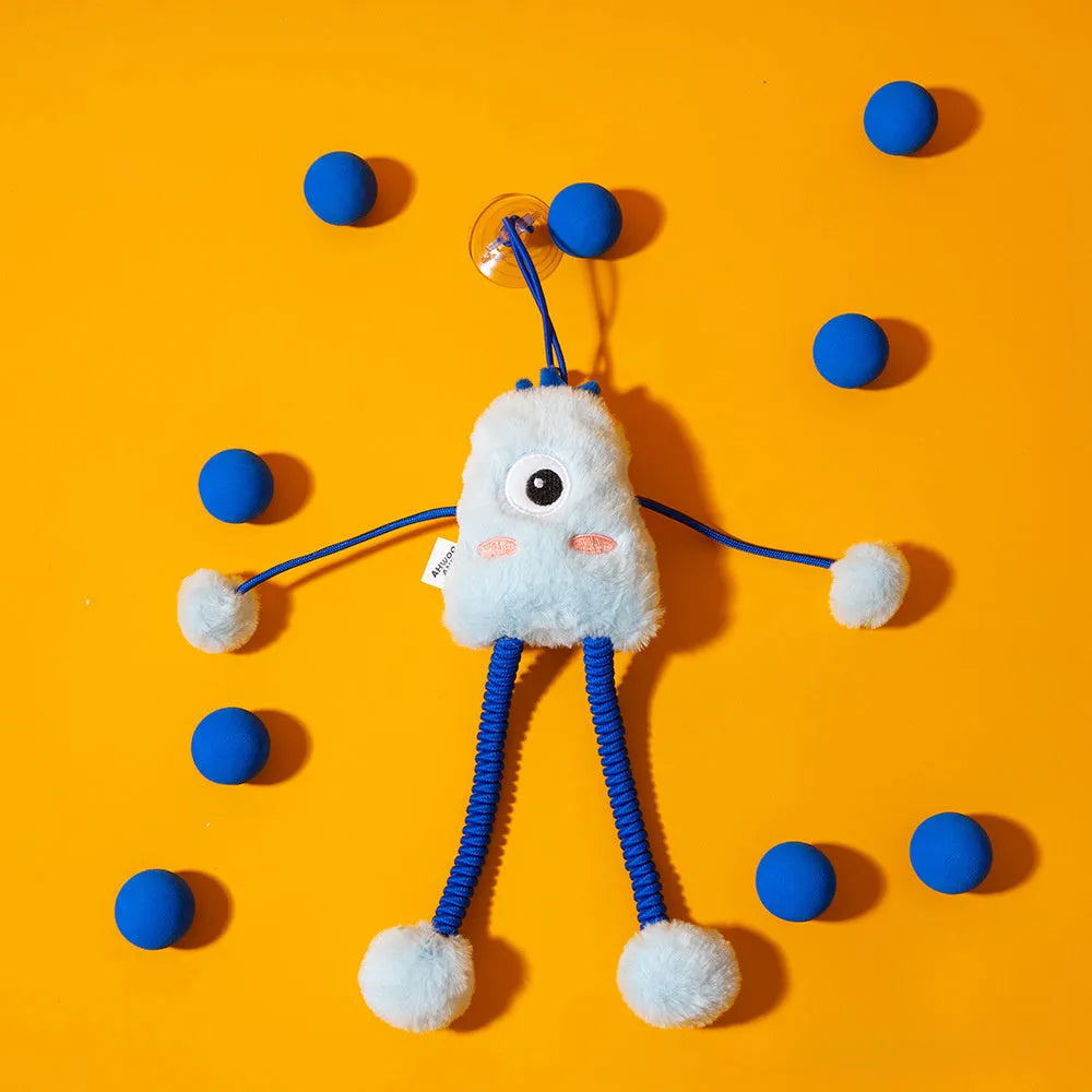 Blue telescopic cat toy with elastic rope, 30cm plush ring, and mint bell