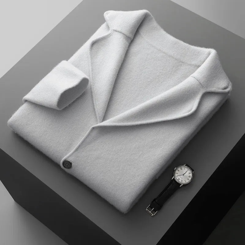 Men's cashmere lapel collar cardigan jacket in light gray colour showing loose fit and knitted texture