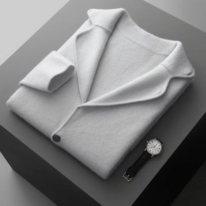 Men's cashmere lapel collar cardigan jacket in light gray colour showing loose fit and knitted texture