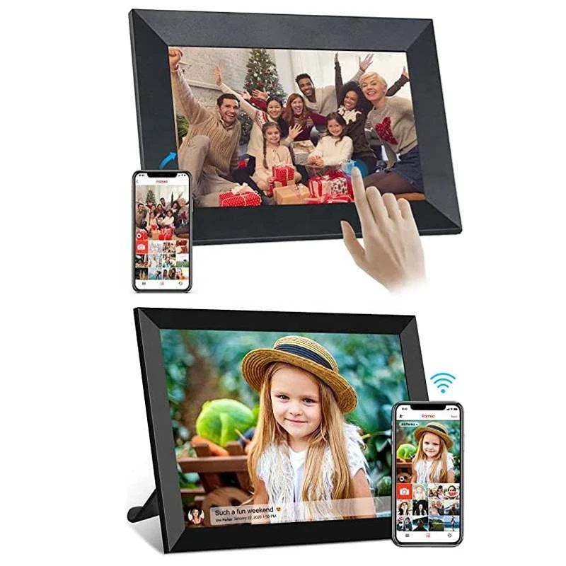 10-inch smart WiFi digital photo frame with rotatable display, allowing you to showcase your cherished memories in portrait or landscape orientation.