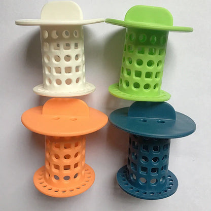 Anti-clogging plastic sink filter in blue, green, orange, and white