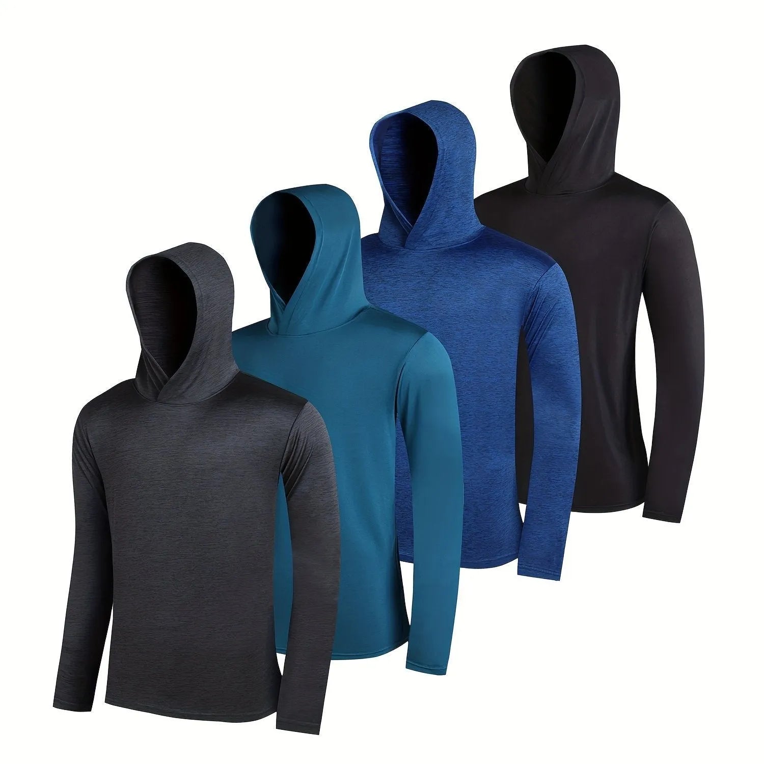Four coordinated men's hoodies in lightweight elastic polyester fabric showing hooded and non-hooded style options