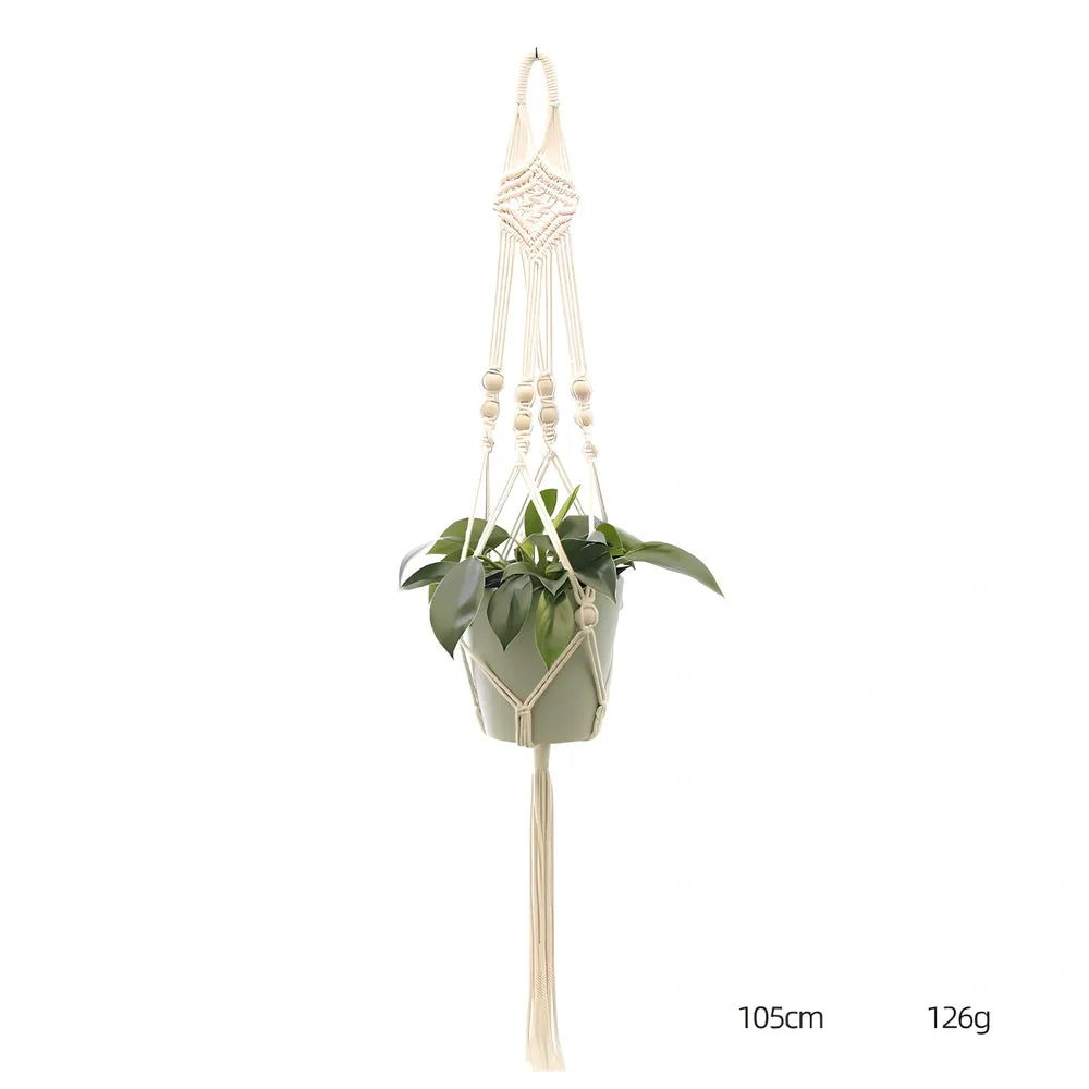 Hand-knitted cotton flowerpot net bag showing intricate pattern and hanging installation with plant