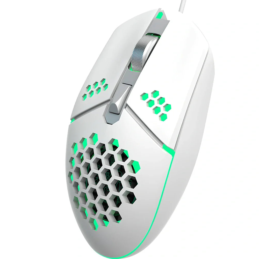 Black wired optical gaming mouse with cooling fan holes and ergonomic rat-sized design for desktop use