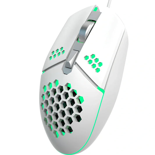 Black wired optical gaming mouse with cooling fan holes and ergonomic rat-sized design for desktop use