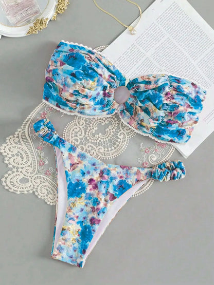 Floral lace detail European style bikini set in polyester fibre with tube top design