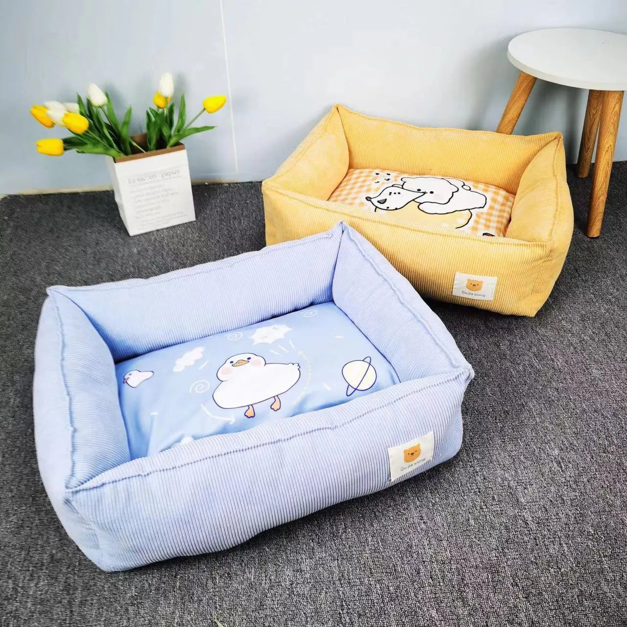 Cotton dog nest bed in light blue colour with soft velvet material and PP cotton filling
