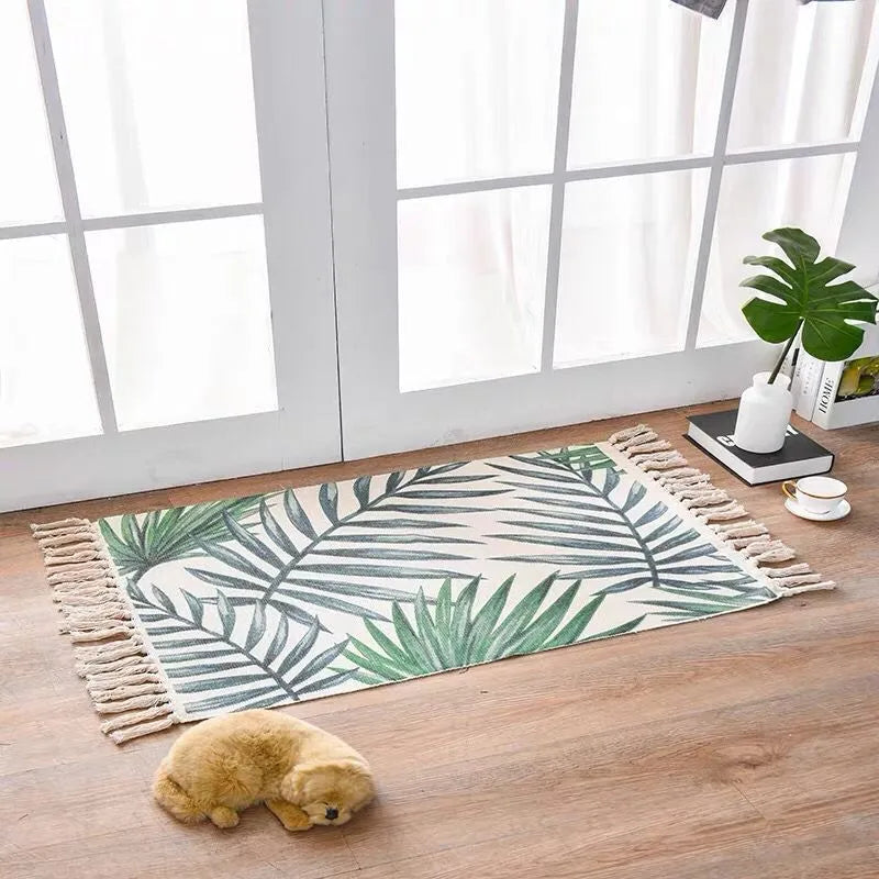 Scandinavian style hand-woven cotton linen floor mat 60 x 90 cm with tassels in cactus pattern