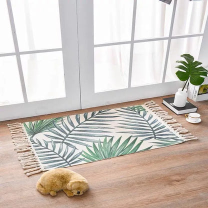 Scandinavian style hand-woven cotton linen floor mat 60 x 90 cm with tassels in cactus pattern