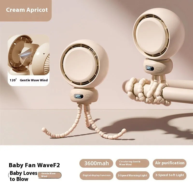 Portable clip-on stroller fan with brushless motor in beige, black, mint green, and glacier colour options