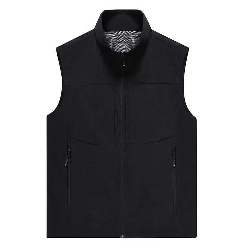 Men's loose fit cardigan vest in khaki with stand collar and zipper pockets