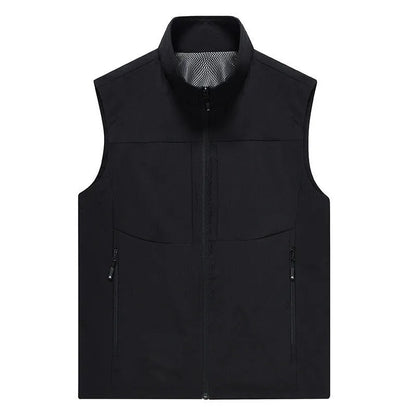 Men's loose fit cardigan vest in khaki with stand collar and zipper pockets