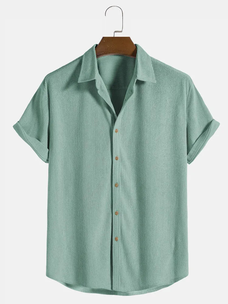 Men's casual short-sleeved cardigan shirt in polyester fabric showing colour options and relaxed fit