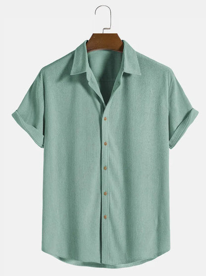 Men's casual short-sleeved cardigan shirt in polyester fabric showing colour options and relaxed fit