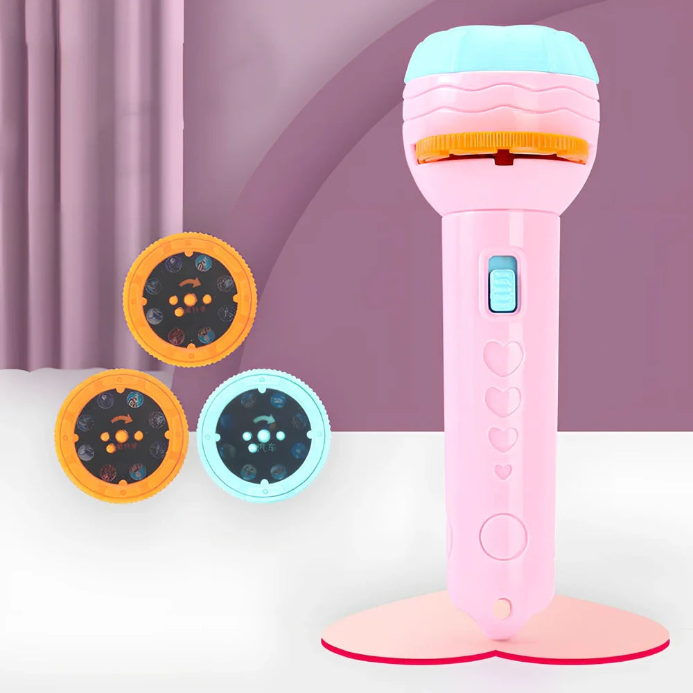 Red cartoon projection flashlight showing rotating lens mechanism for 80 pattern changes