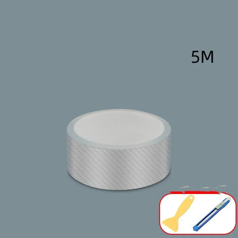 Carbon fibre grain transparent anti-collision protection strip roll for car doors with scraper and utility knife.