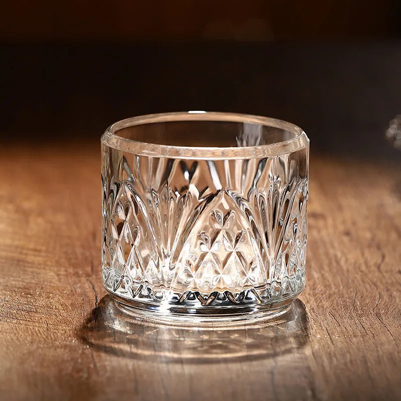 Stackable engraved glass wine glass set with two wine glasses and one sake barrel in simple style