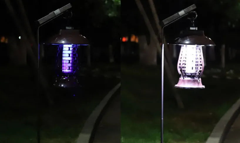 White solar mosquito lamp for outdoor garden use with solar panel and LED lights.