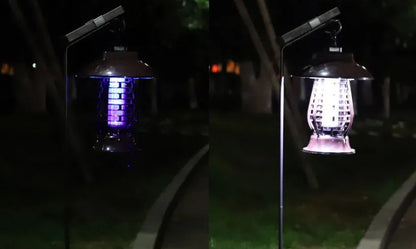White solar mosquito lamp for outdoor garden use with solar panel and LED lights.