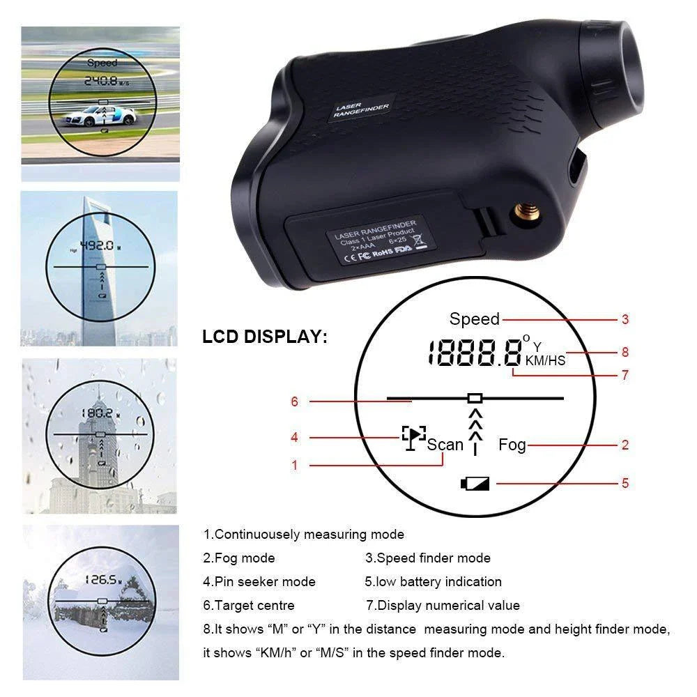 Versatile laser distance meter with German-engineered optics for precise outdoor measurements up to 600 meters