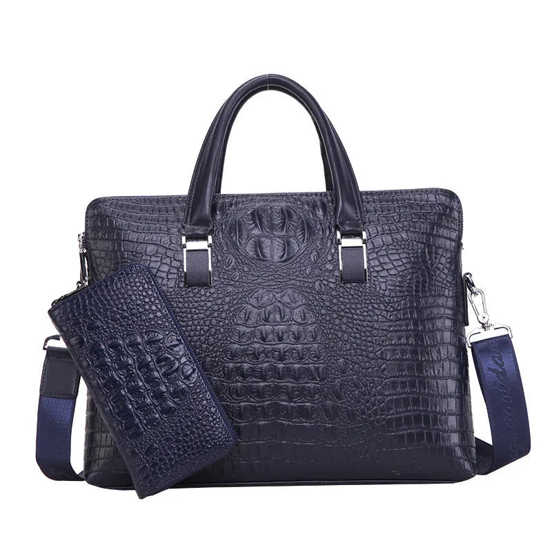 Men's PU leather messenger bag with crocodile pattern, 14-inch horizontal square briefcase in black, blue, or brown