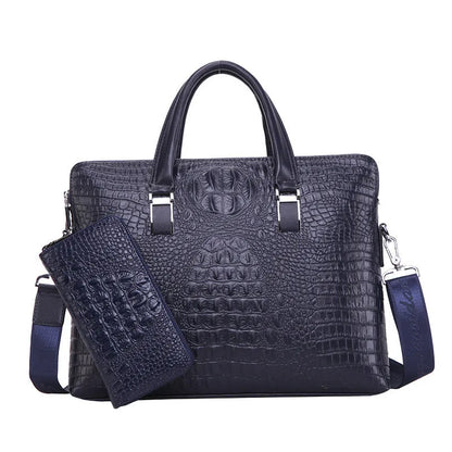 Men's PU leather messenger bag with crocodile pattern, 14-inch horizontal square briefcase in black, blue, or brown