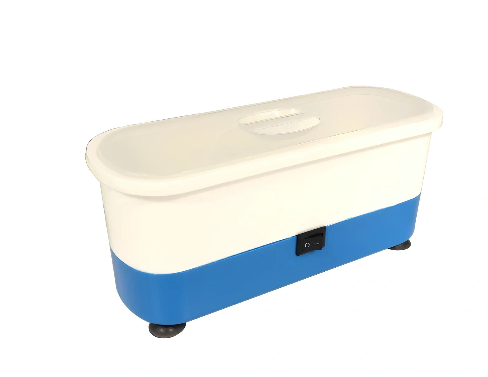 Blue analog ultrasonic cleaner measuring 17x6x8cm with four suction cups and battery compartment