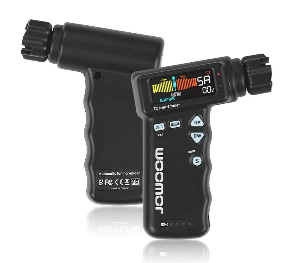 Black and white smart guitar tuner with LCD display and built-in string winder, 11cm width