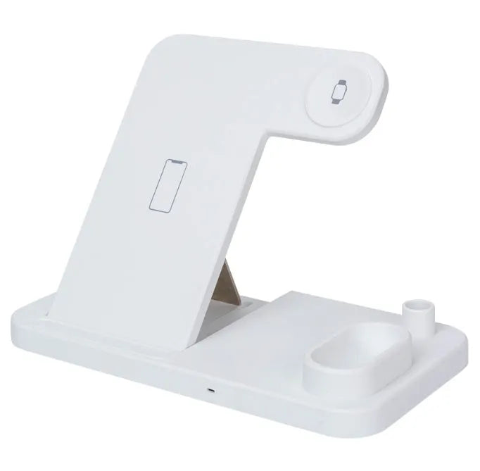 4-in-1 wireless charging station with adjustable magnetic stand charging phone, watch, earbuds, and stylus on a desk
