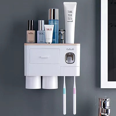 Non-marking hanging magnetic toothbrush holder with toothpaste squeezer and quick-drying cups