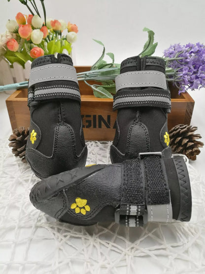 Black waterproof dog shoes with non-slip soles and adjustable fuzzy belt