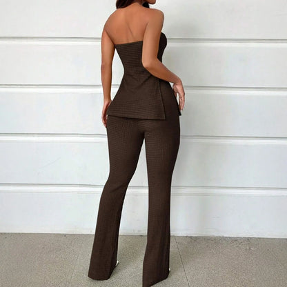 Brown sleeveless top and bell-bottom trousers women's suit set on hanger