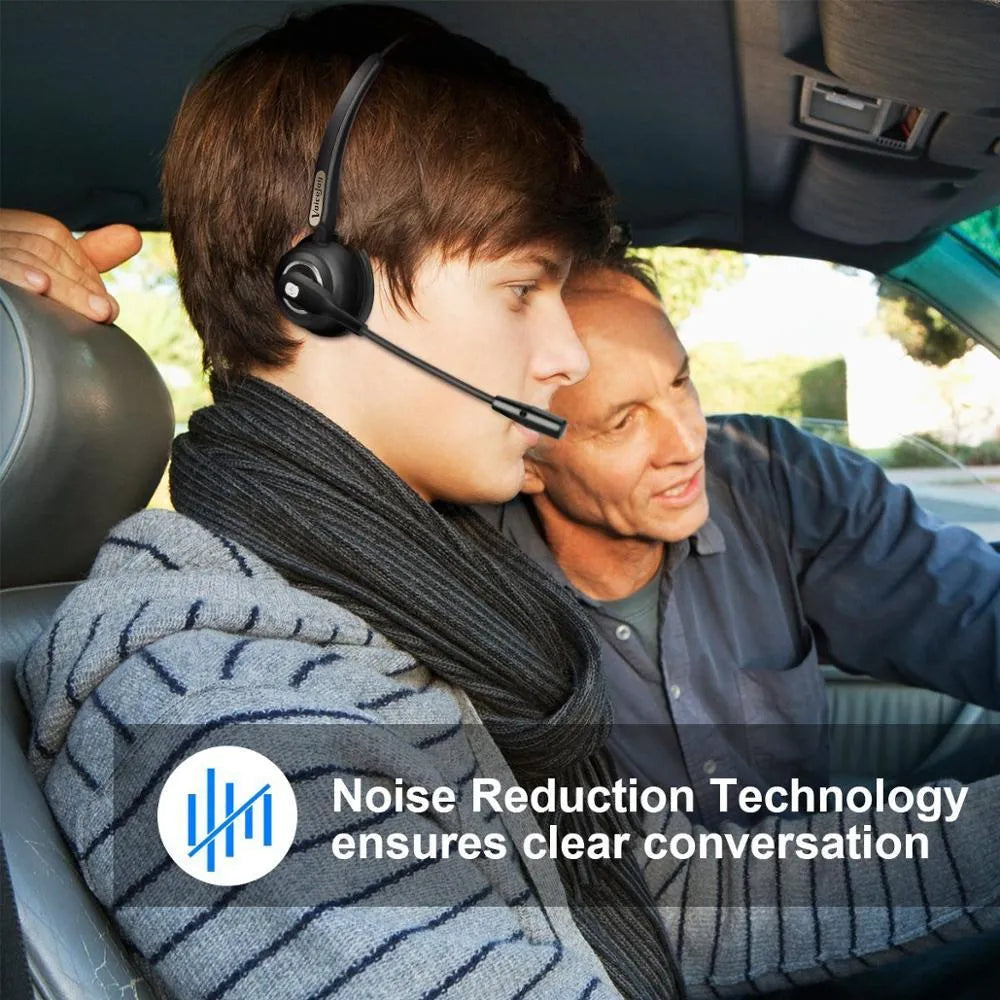 Truck driver Bluetooth headset with over-ear design and a flexible noise-cancelling microphone.