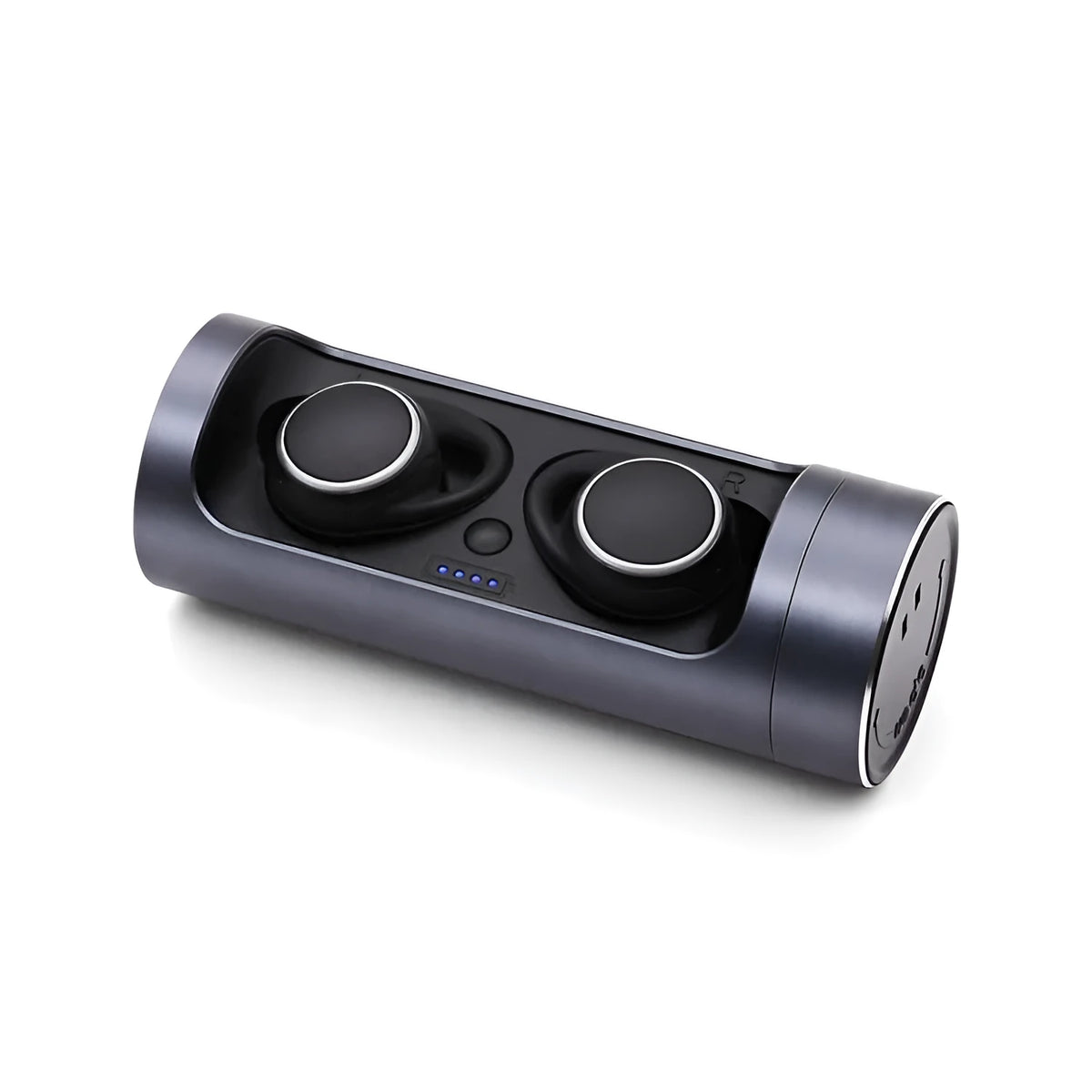 Dark Grey wireless Bluetooth headset with charging bay on a table.