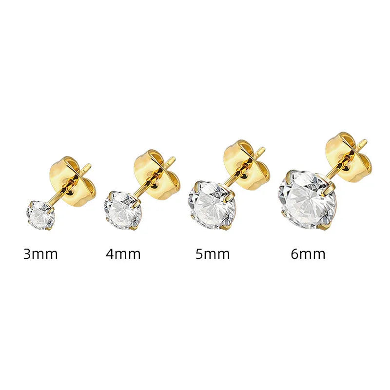 Simple geometric square and round zircon stud earrings in stainless steel with gold and steel colour finishes.