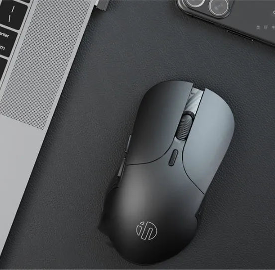 Black wireless voice mouse with six buttons showing dimensions of 123x35x65.5mm