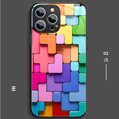 Silicone iPhone case with a colourful cartoon geometric block pattern on the back.