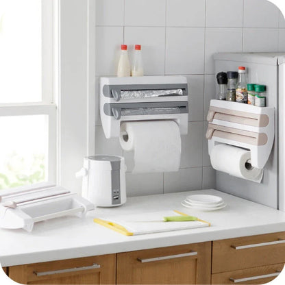 Multifunctional kitchen wall organizer with cling wrap, foil, and paper towel storage compartments and built-in cutting tools