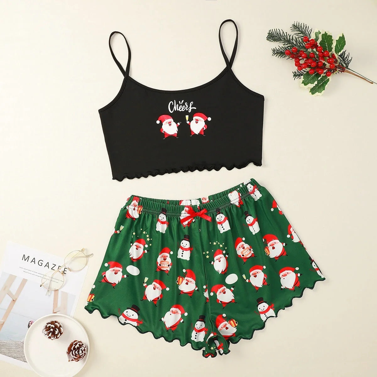 Christmas women's milk silk pajamas two-piece set with festive designs