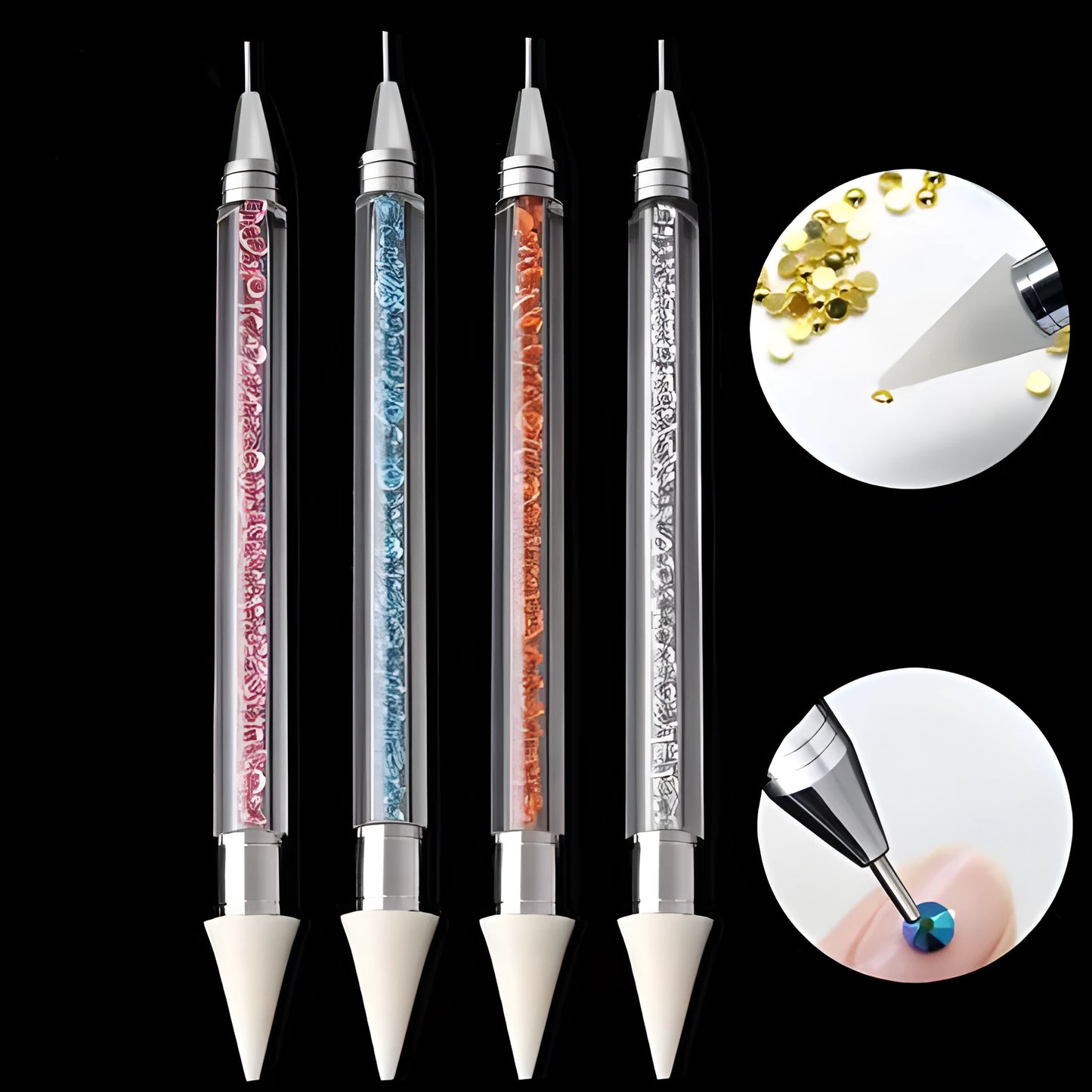 Dual-ended nail dotting pen with wax tip and metal picker for diamond painting and rhinestone placement
