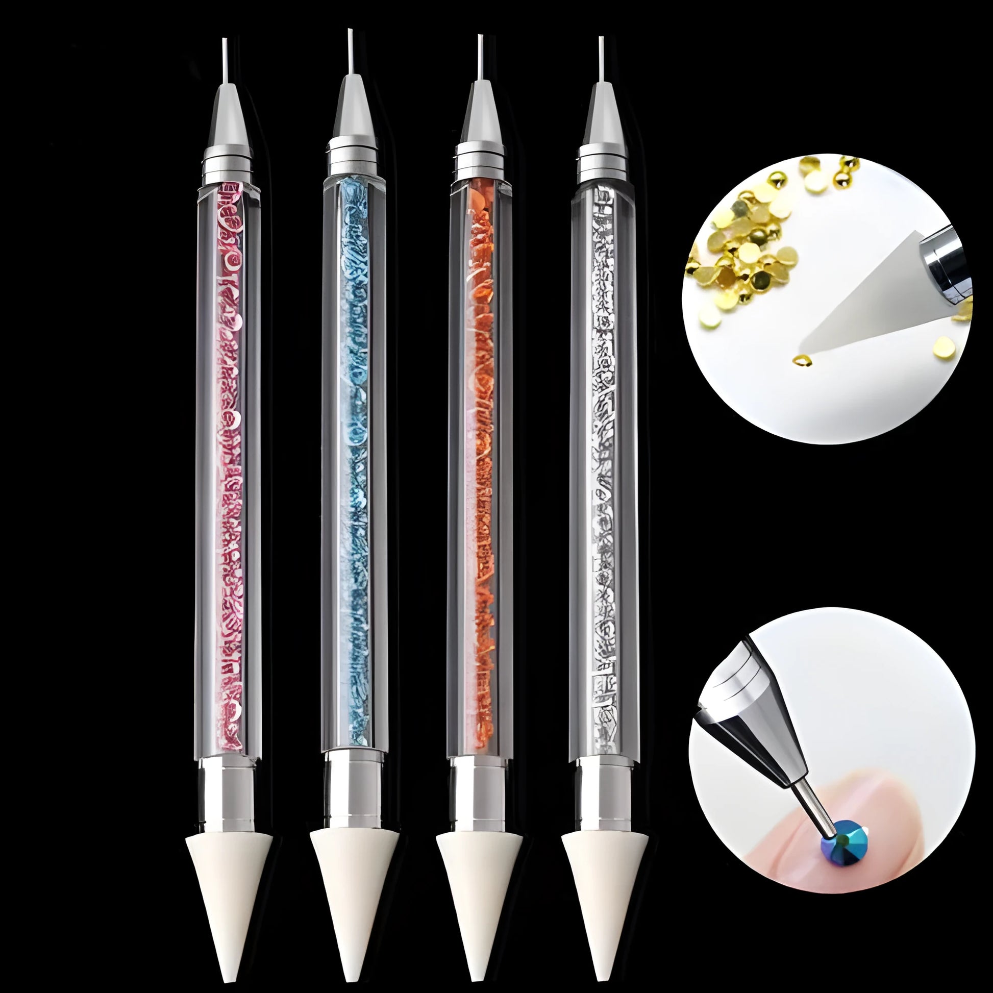 Dual-ended nail dotting pen with wax tip and metal picker for diamond painting and rhinestone placement