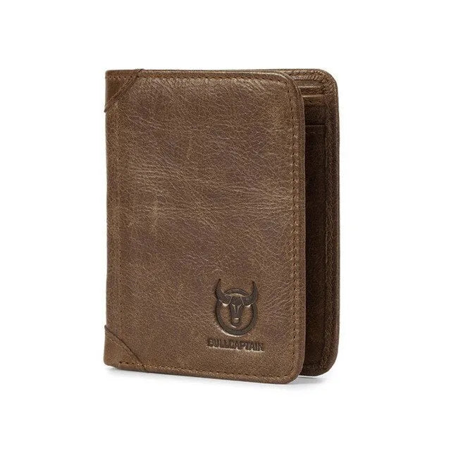Men's casual leather wallet in black with two-fold cover, showing internal compartments including secret section.