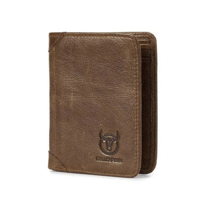 Men's casual leather wallet in black with two-fold cover, showing internal compartments including secret section.