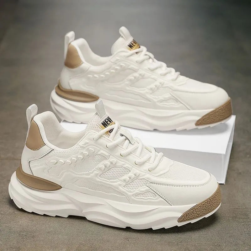 Men's solid colour breathable mesh casual shoes with round toe, shown in white and black.