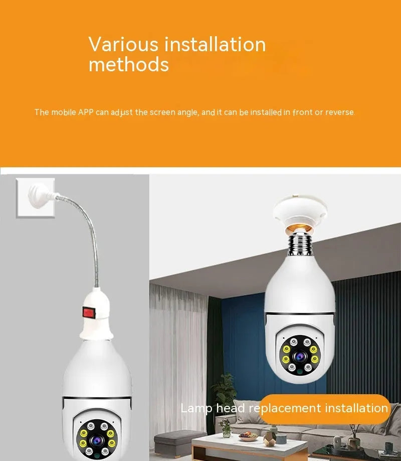 White wireless bulb security camera with E27 base, showing lens and compact 5cm by 12cm size.